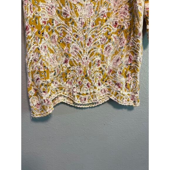 Solitaire Mustard Yellow and Rose Print Embroidered Cottage Core Blouse L - Picture 5 of 11